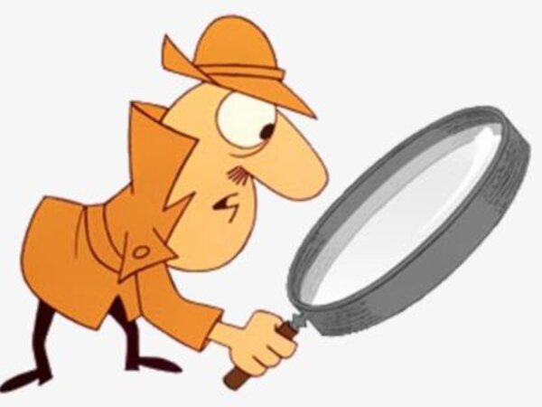 A cartoon inspector examining something with a magnifying glass