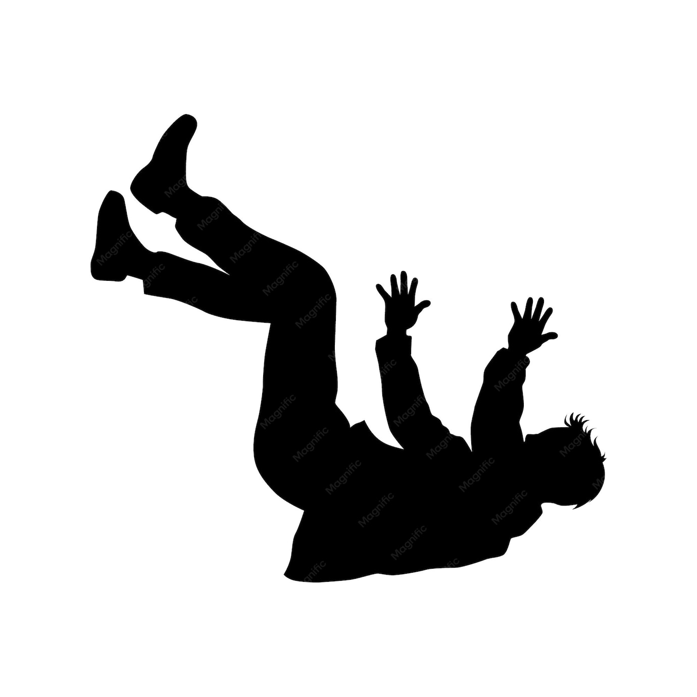 A silhouetted person falling backward